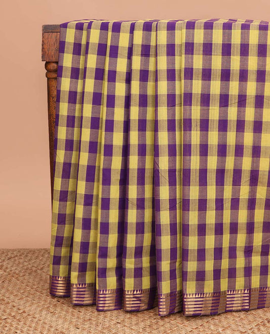 Multi-color checked Mangalagiri cotton saree, traditional zari border and zari striped pallu