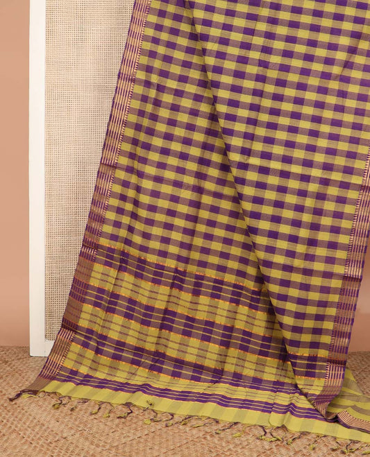 Multi-color checked Mangalagiri cotton saree, traditional zari border and zari striped pallu
