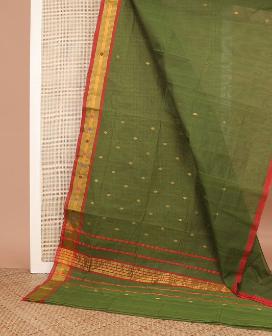 Green zari buttas Venkatagiri cotton saree, contrast zari and thread work border, and zari striped pallu