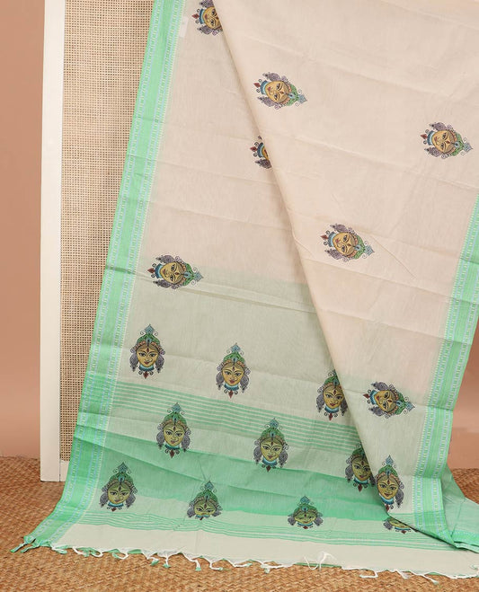 Light sandal durga motifs printed chirala cotton saree, contrast traditional motifs thread woven border, and pallu of durga motifs print