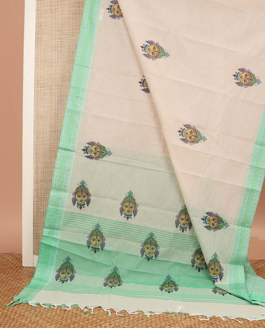 Light sandal durga motifs printed chirala cotton saree, contrast traditional motifs thread woven border, and pallu of durga motifs print