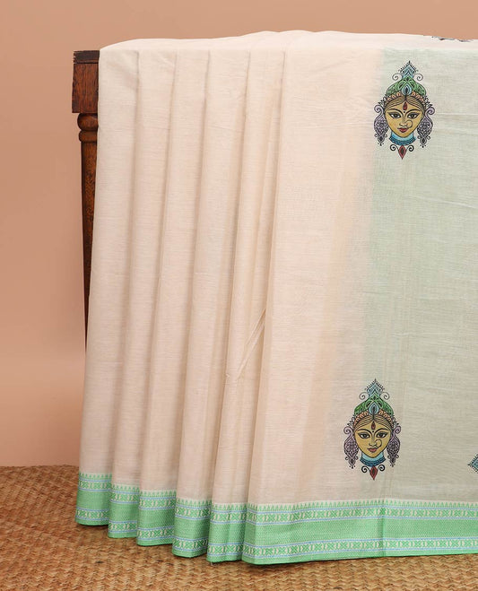 Light sandal durga motifs printed chirala cotton saree, contrast traditional motifs thread woven border, and pallu of durga motifs print