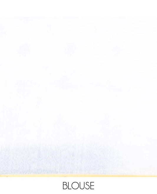 White and Palak green motifs printed linen cotton saree, contrast temple geometric patterns printed border, and pallu of human doll and geometric print