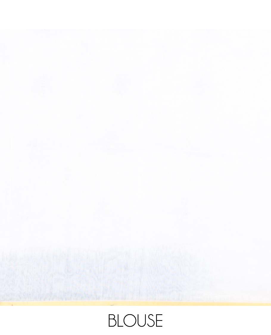 White and Palak green motifs printed linen cotton saree, contrast temple geometric patterns printed border, and pallu of human doll and geometric print