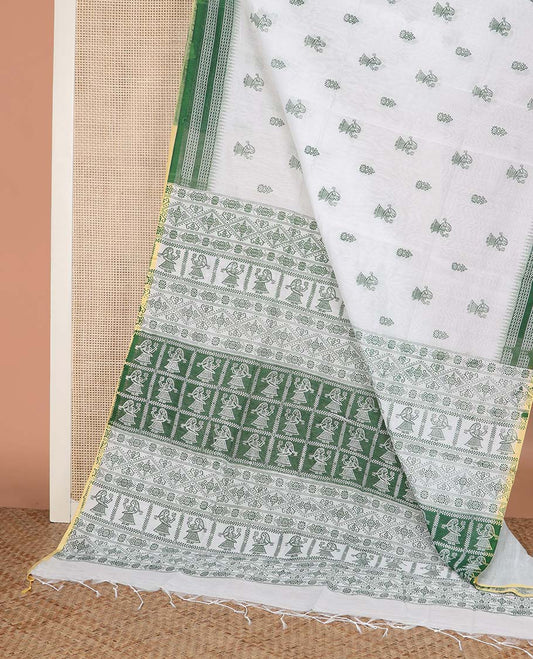 White and Palak green motifs printed linen cotton saree, contrast temple geometric patterns printed border, and pallu of human doll and geometric print