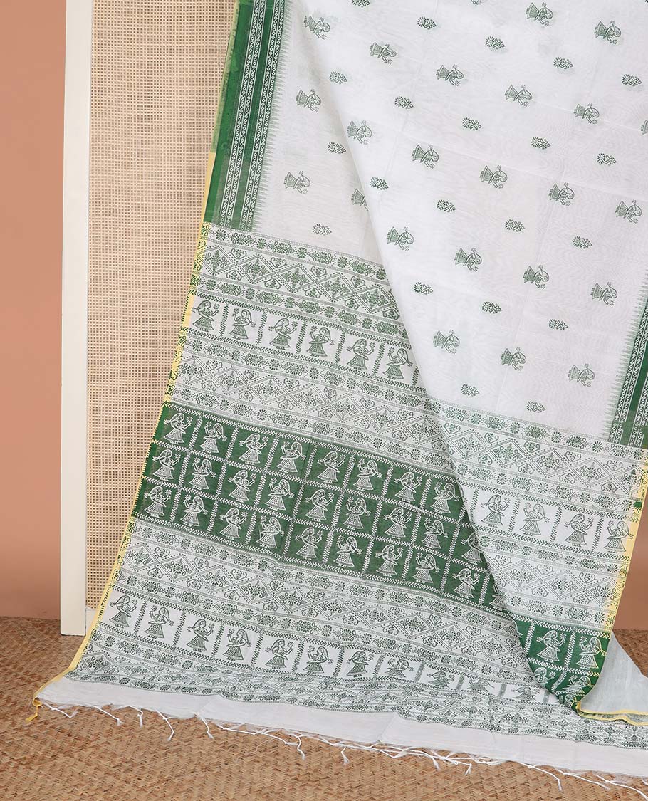 White and Palak green motifs printed linen cotton saree, contrast temple geometric patterns printed border, and pallu of human doll and geometric print