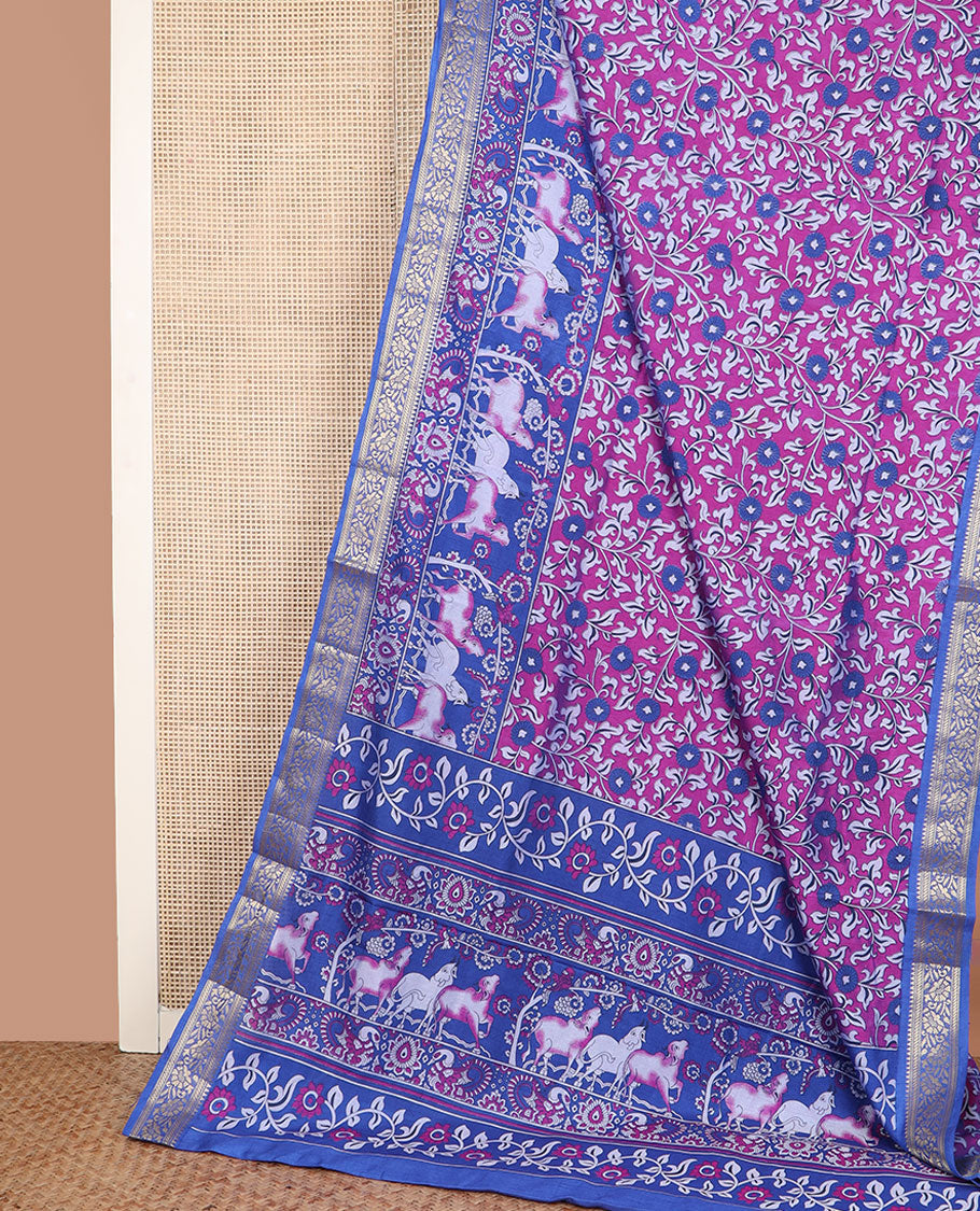 Purple floral vine patola silk saree, contrast traditional zari border and pallu of Pichwai cow and peacock motifs