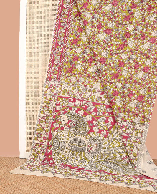 Green Machine-Printed Kalamkari Cotton Saree, Enthralled with Lotus and Fish Motifs Printed on Its Body, Contrast-Floral-Geametric Printed Border, Pallu of Peacock Print, and Paired with a Printed Blouse