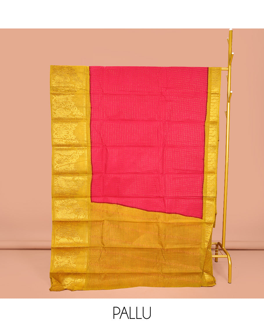 Red Sungudi Cotton Saree, Decked Up with Zari Checked Design on Its Body, Complemented by a Contrast Traditional Zari Design Border of Peacock Designs, Zari-Design Pallu, and Paired with a Contrast Blouse