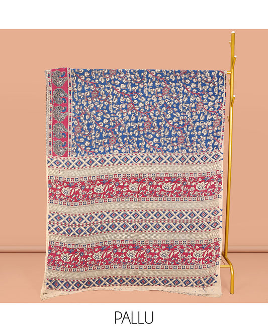 Blue Machine-Printed Kalamkari Cotton Saree, Bedecked with Floral Vine on Its Body, Complemented by a Contrast Peacock Printed Border, Pallu of Floral-Geometric Print, and Paired with a Printed Blouse