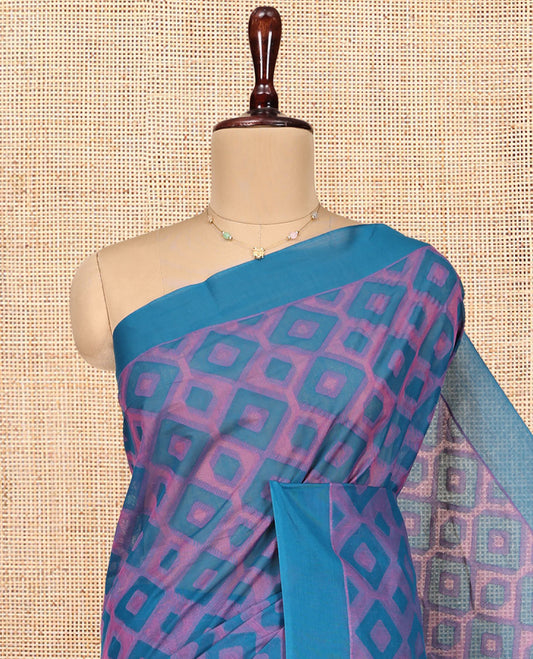 Blue Coimbatore Cotton Saree, Accentuated with Geometric Design on Its Body, a Subtle Plain Border, Pallu of Temple Patterns, and Paired with Matching Blouse
