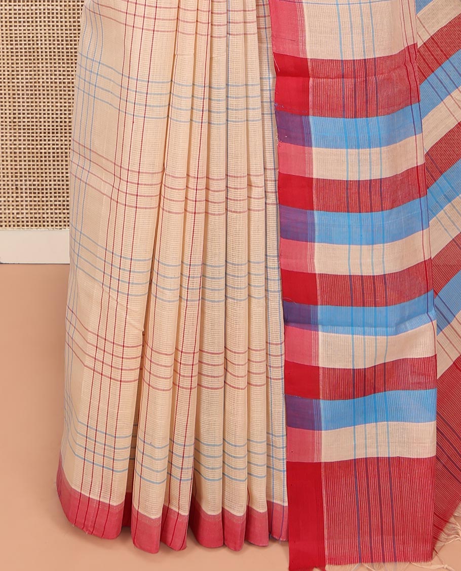 Sandal Checked Mangalgiri Cotton Saree, Complemented by Contrast Border, Striped Pallu, and Paired with a Contrast Blouse