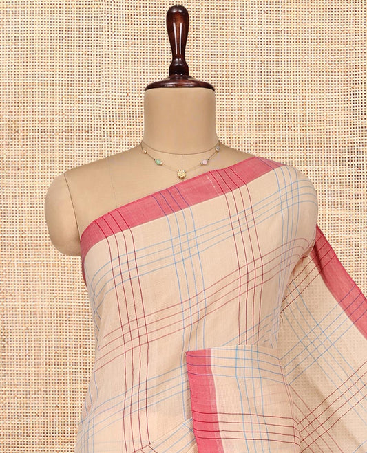 Sandal Checked Mangalgiri Cotton Saree, Complemented by Contrast Border, Striped Pallu, and Paired with a Contrast Blouse