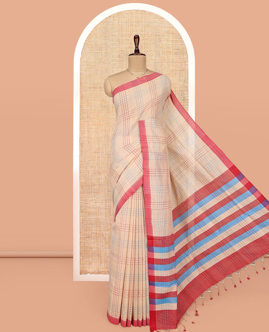 Sandal Checked Mangalgiri Cotton Saree, Complemented by Contrast Border, Striped Pallu, and Paired with a Contrast Blouse
