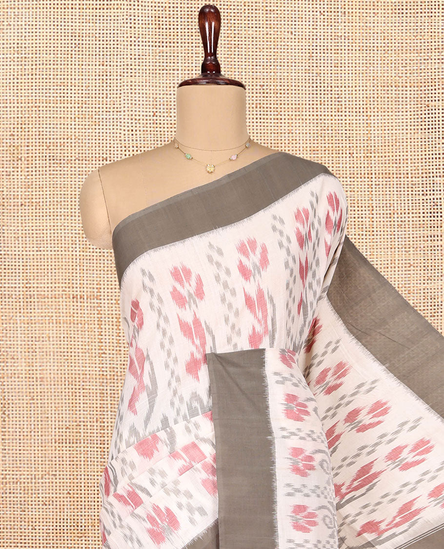 Off-White Ikkat Cotton Saree, Decked Up with Ikkat-Style Floral Design All Over Its Body, Complemented by a Contrast Border, Pallu of Flower Patterns, and Paired with a Contrast Blouse