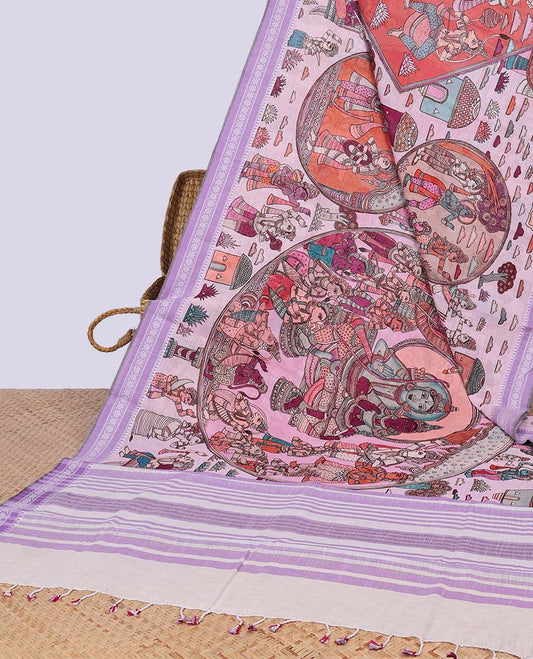 Lavender pichwai style god motifs chirala cotton saree contrast border & striped pallu