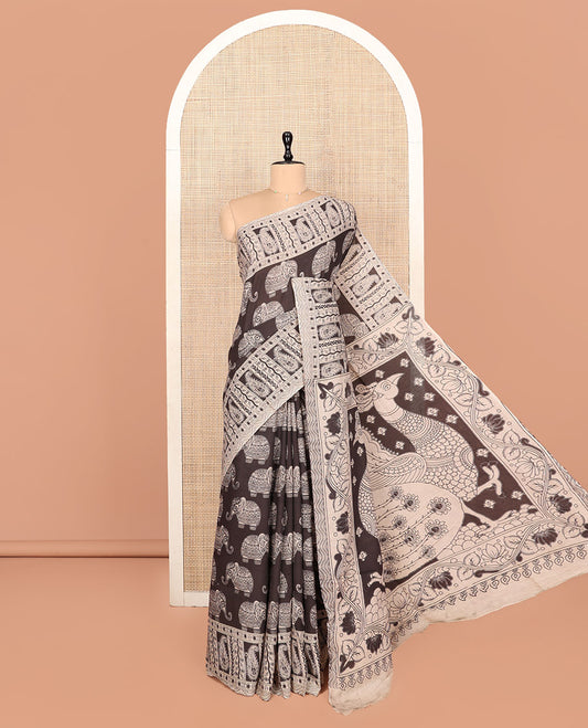 Black Kalamkari Cotton Saree, Decked Up with Elephant Motifs Print, Contrast Paisley Border, Pallu of Peacock Motifs, and a Matching Blouse
