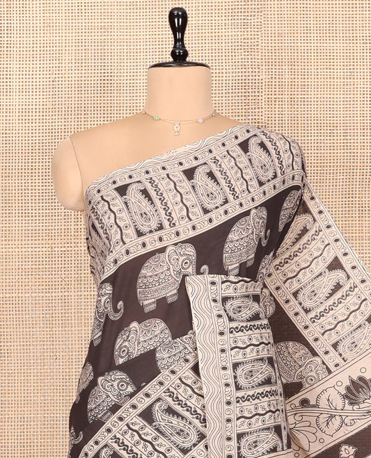 Black Kalamkari Cotton Saree, Decked Up with Elephant Motifs Print, Contrast Paisley Border, Pallu of Peacock Motifs, and a Matching Blouse