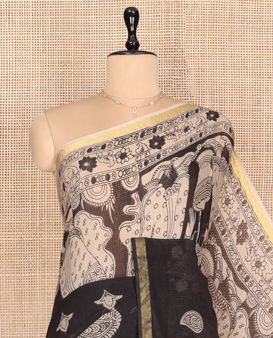 Black Machine-Printed Kalamkari Cotton Saree Features Human and Intricate Motifs, a Piping Border, Pallu of Peacock, and a Matching Blouse