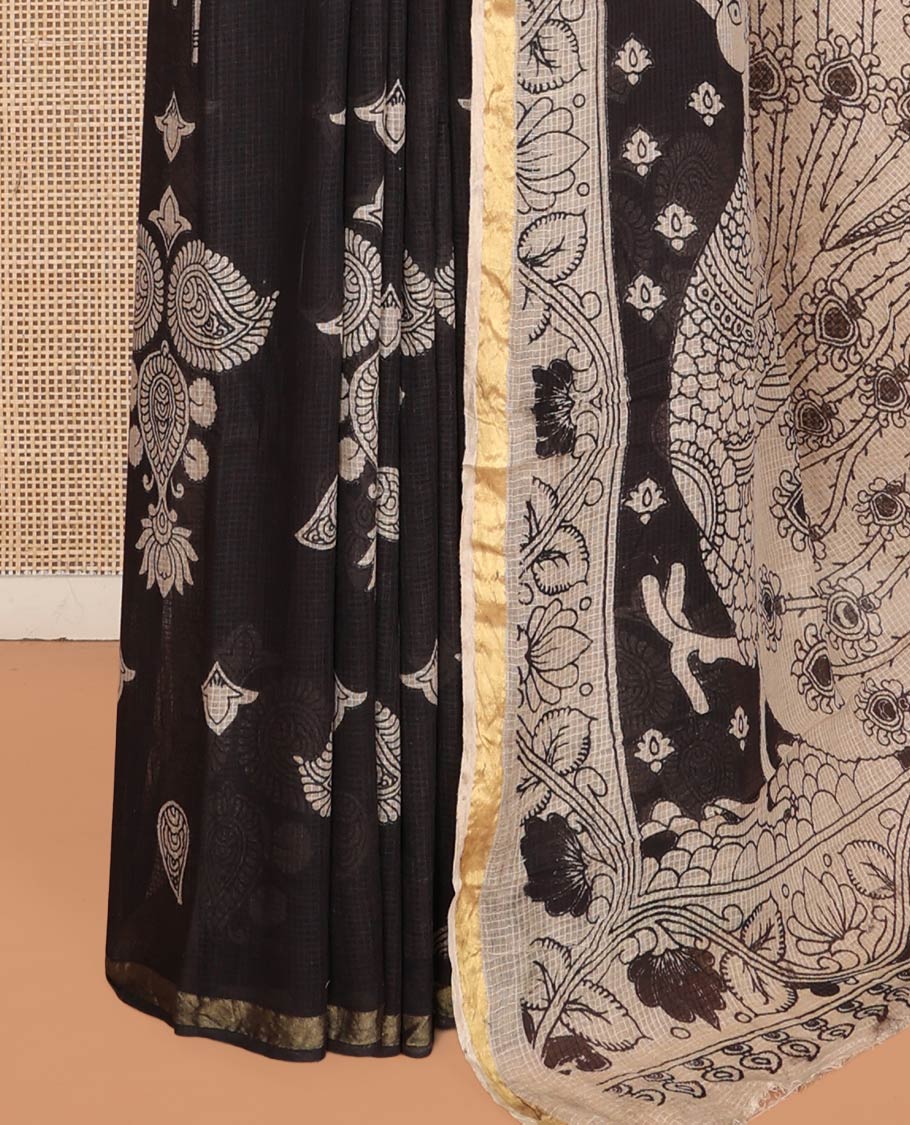 Black Machine-Printed Kalamkari Cotton Saree Features Human and Intricate Motifs, a Piping Border, Pallu of Peacock, and a Matching Blouse