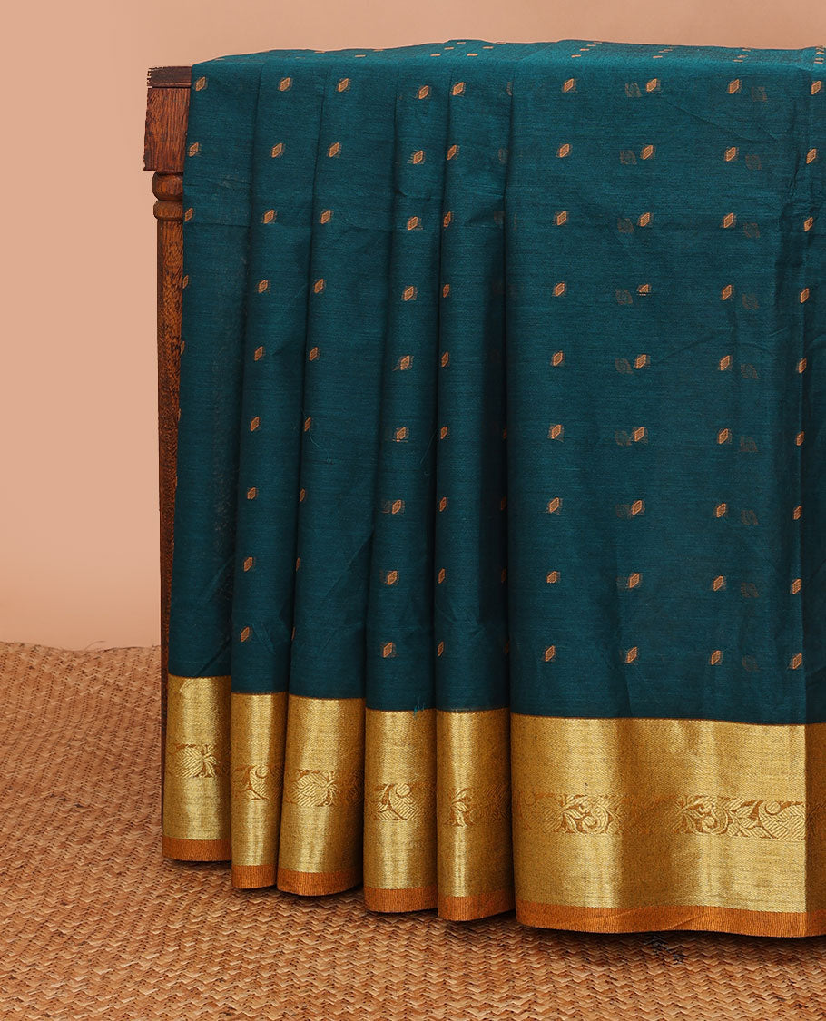 Peacock blue buttas Bengal cotton saree, contrast paisley creeper zari border & pallu of buttas & stripes