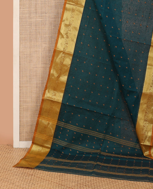 Peacock blue buttas Bengal cotton saree, contrast paisley creeper zari border & pallu of buttas & stripes