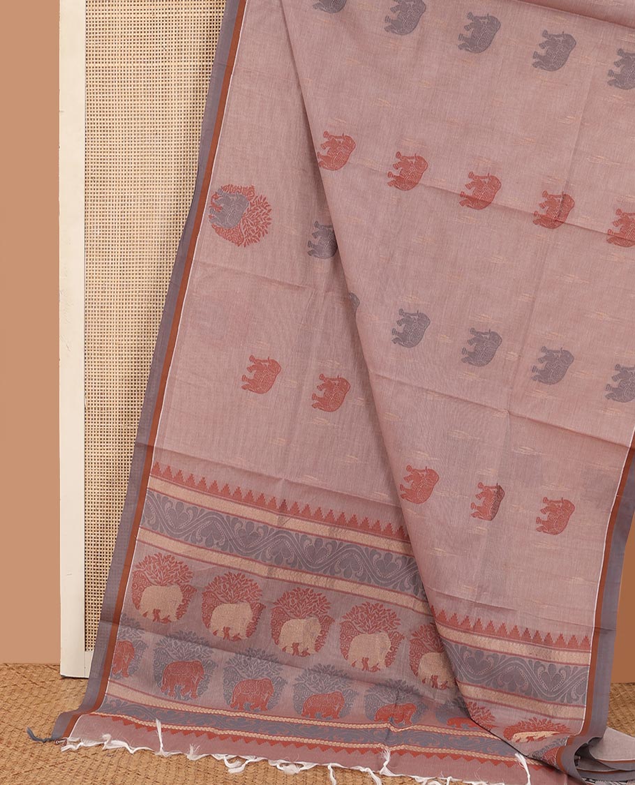 Fawn brown elephant motifs Kanchi cotton saree, contrast border, and pallu of floral, and elephant motifs
