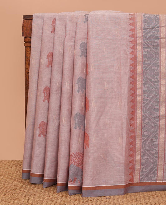 Fawn brown elephant motifs Kanchi cotton saree, contrast border, and pallu of floral, and elephant motifs