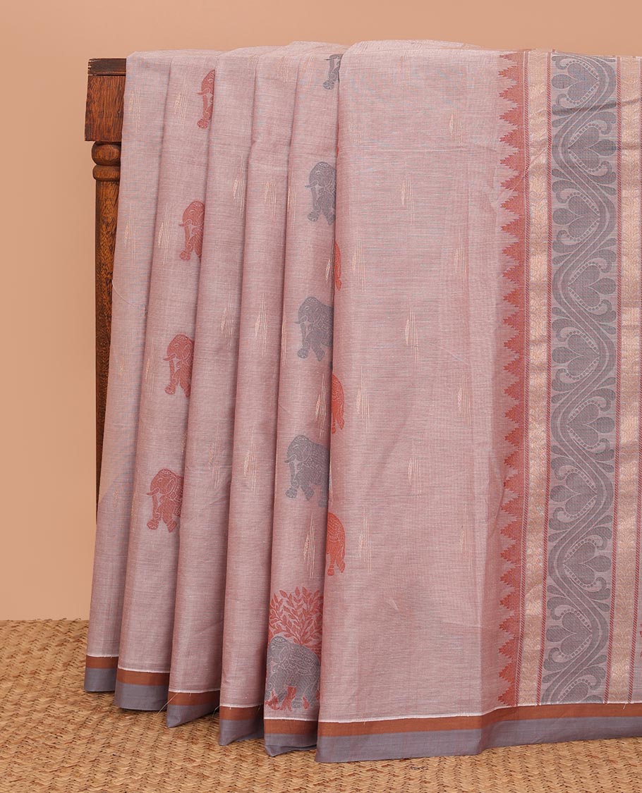 Fawn brown elephant motifs Kanchi cotton saree, contrast border, and pallu of floral, and elephant motifs