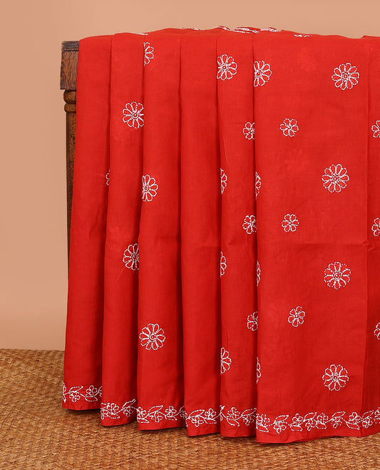 Red floral thread embroidered buttas Lucknowi chikankari saree, floral creeper thread embroidered border, and floral embroidered pallu