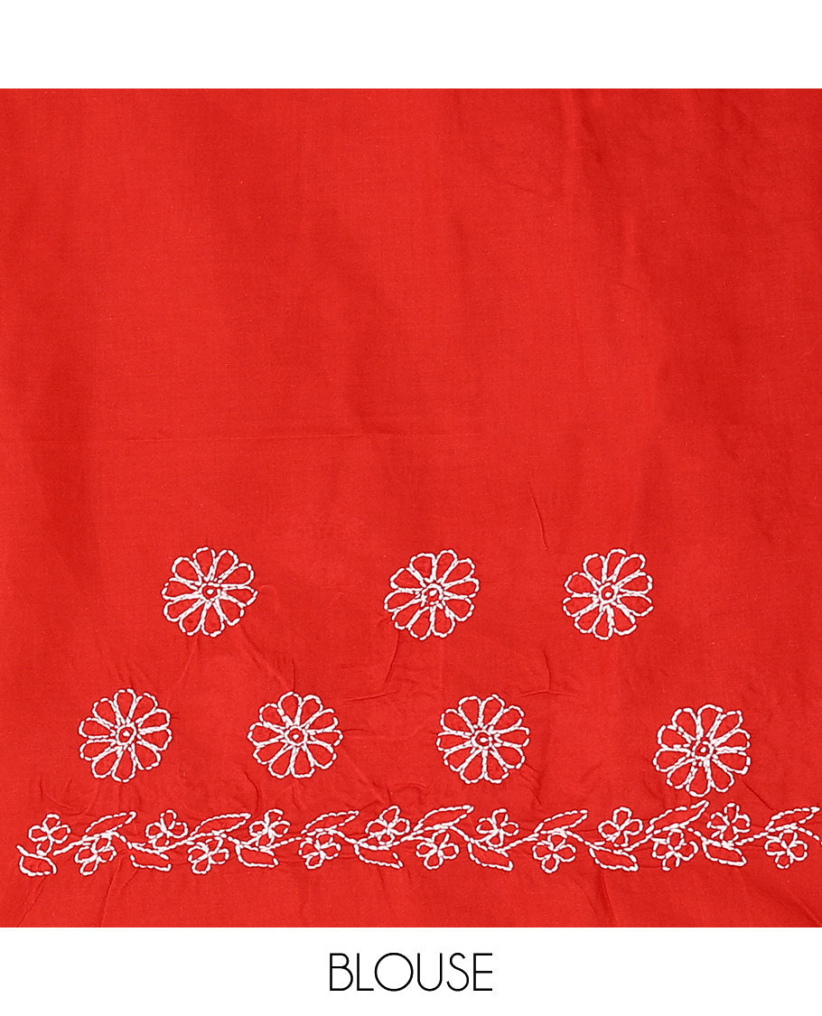 Red floral thread embroidered buttas Lucknowi chikankari saree, floral creeper thread embroidered border, and floral embroidered pallu