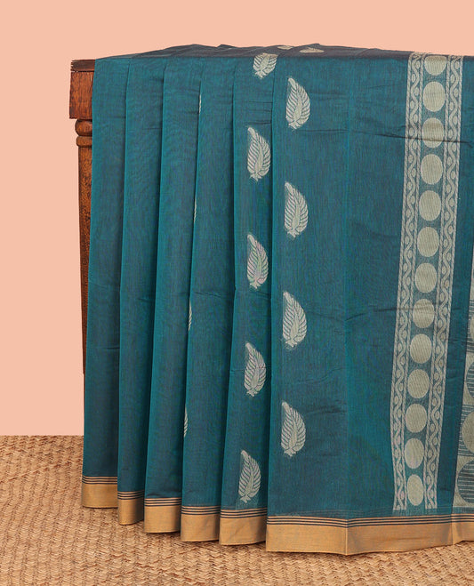 Blue Kanchi Cotton Saree, Highlighted with Leaf Buttas All Over Its Body, Complemented by Contrast Border of Diamond Motifs, Pallu Steeped with Polka Dot Enclosed Checks, and Paired with a Matching Blouse