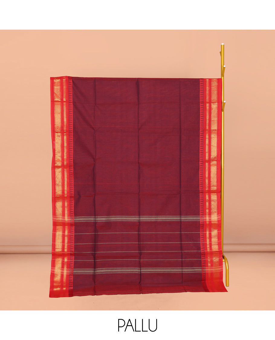 Maroon Plain Chettinad Cotton Saree, Complemented by a Contrast Traditional Zari Design Temple Border, Pallu of Stripes and Buttas, and Paired with a Matching Blouse