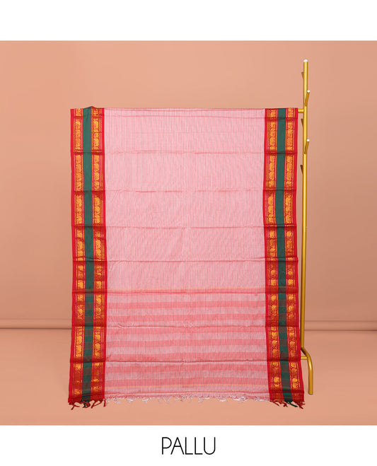 Pink Striped Narayanpet Cotton Saree, Complemented by a Contrast Traditional Design Rettai Pettu Border, Striped Pallu, and Comes Without a Blouse