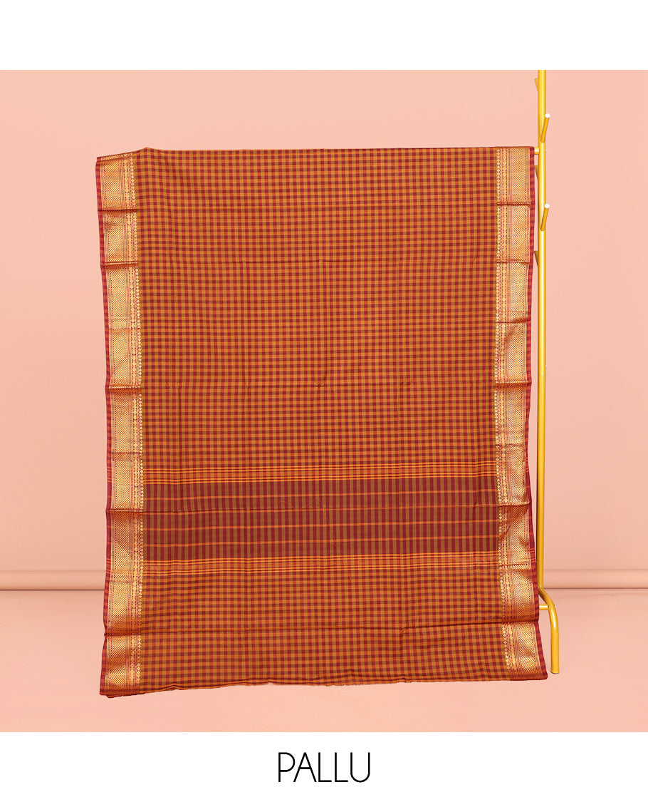 Orange-Red Chettinad Cotton Saree, Spotlighted with Micro-Checks, Highlighted by Traditional Zari Border, Striped Pallu, and No Blouse