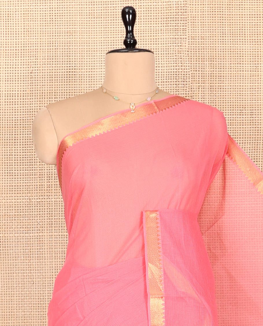 Pink Plain Andhra Cotton Saree, Highlighted by a Temple Zari Border, Contrast Striped Pallu, and a Contrast Blouse