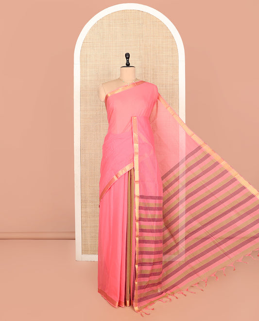 Pink Plain Andhra Cotton Saree, Highlighted by a Temple Zari Border, Contrast Striped Pallu, and a Contrast Blouse