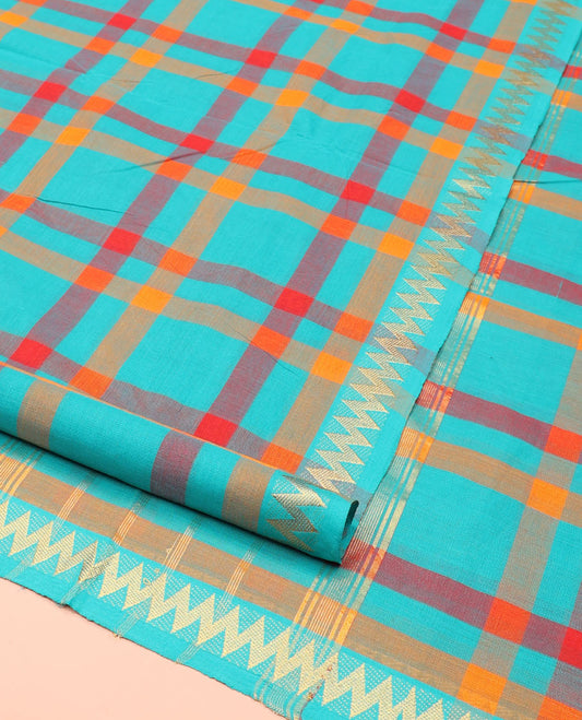 Blue Checked Nine-Yard Cotton Saree, Highlighted by a Chevron Zari Striped Border, Subtle Pallu of Stripes, and Comes Without a Blouse