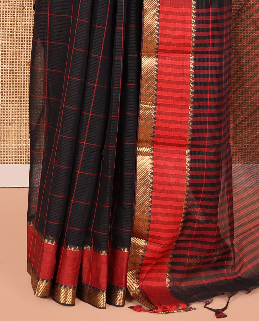 Black Andhra Cotton Saree, Accentuated with Checks, a Contrast Temple Border, Pallu Steeped with Stripes, and Matching Blouse