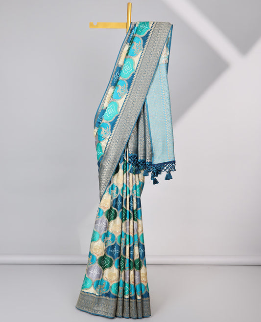 Multi-colored ogee design semi-banaras dola silk saree with contrast zari border & intricate zari design pallu