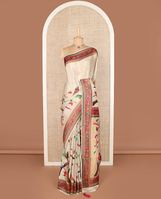 Sandal floral and birds digital printed dola silk saree, contrast printed border, and pallu of floral, and bird print