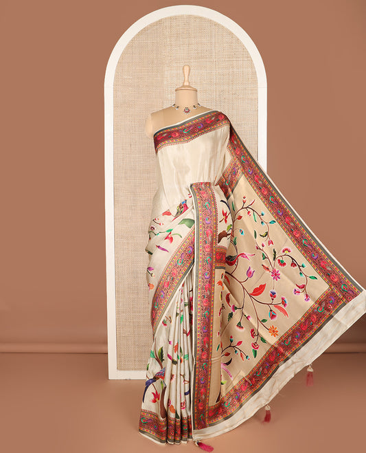 Sandal floral and birds digital printed dola silk saree, contrast printed border, and pallu of floral, and bird print