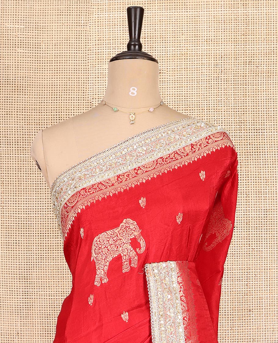 Red Elephant Buttas Russian Dola Silksaree, Embroidery Patch Border, Matching Blouse