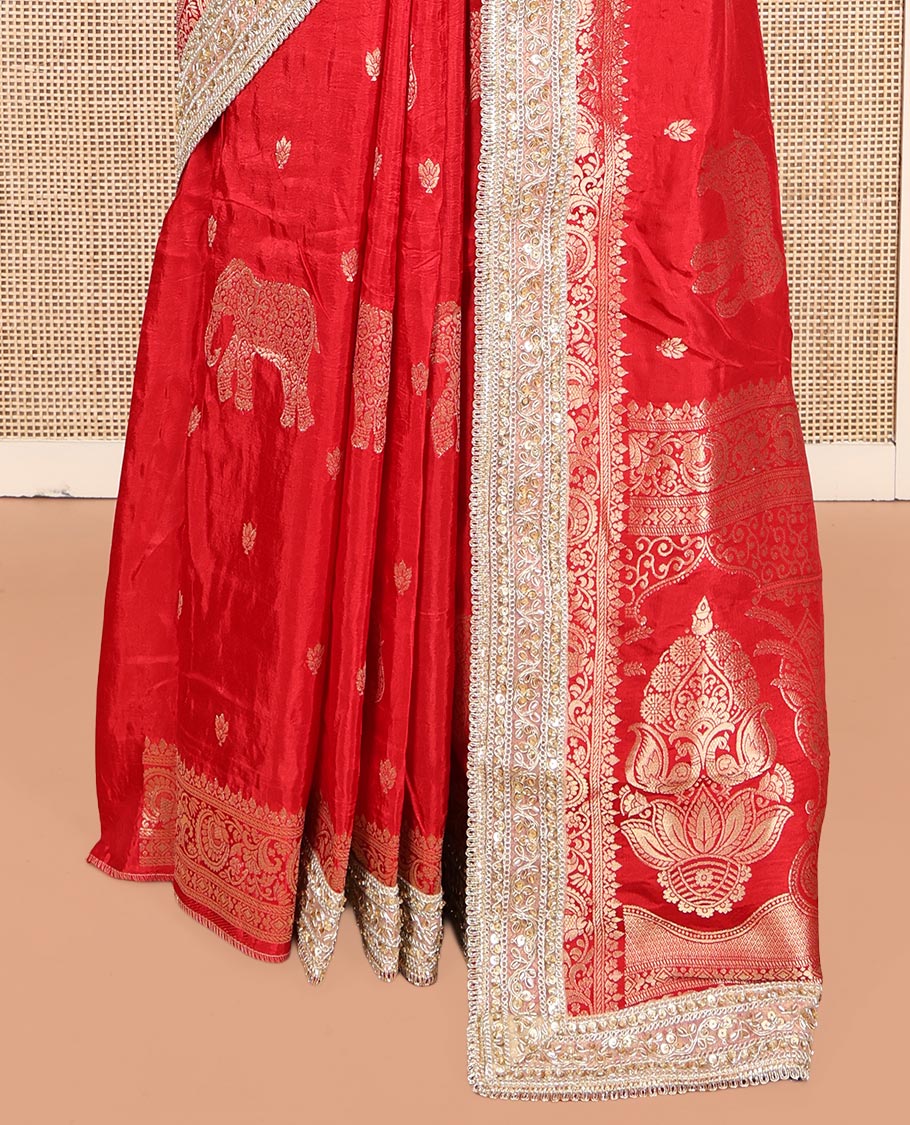 Red Elephant Buttas Russian Dola Silksaree, Embroidery Patch Border, Matching Blouse