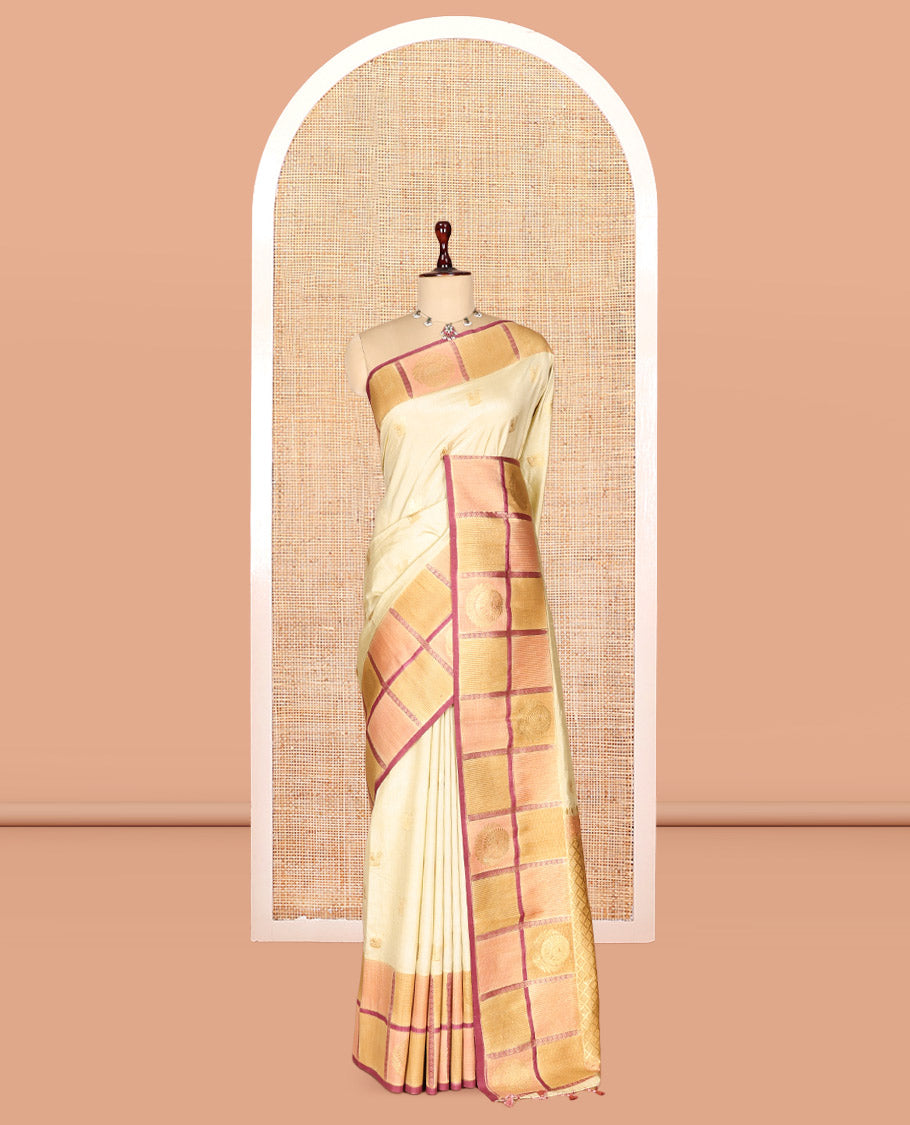 Onion Pink Peacock Motif Fancy Raw Silksaree, Contrast Checked Zari Border, Jaal Pallu, Matching Blouse