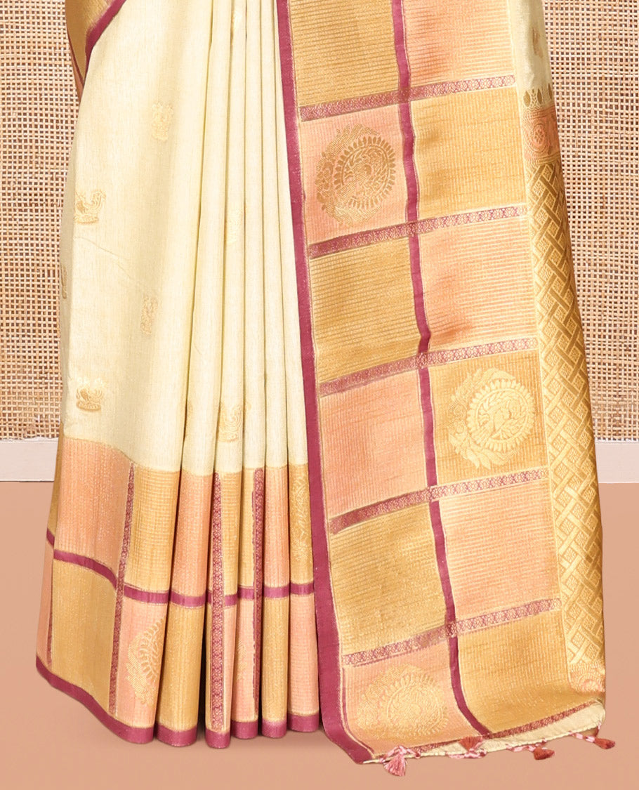 Onion Pink Peacock Motif Fancy Raw Silksaree, Contrast Checked Zari Border, Jaal Pallu, Matching Blouse