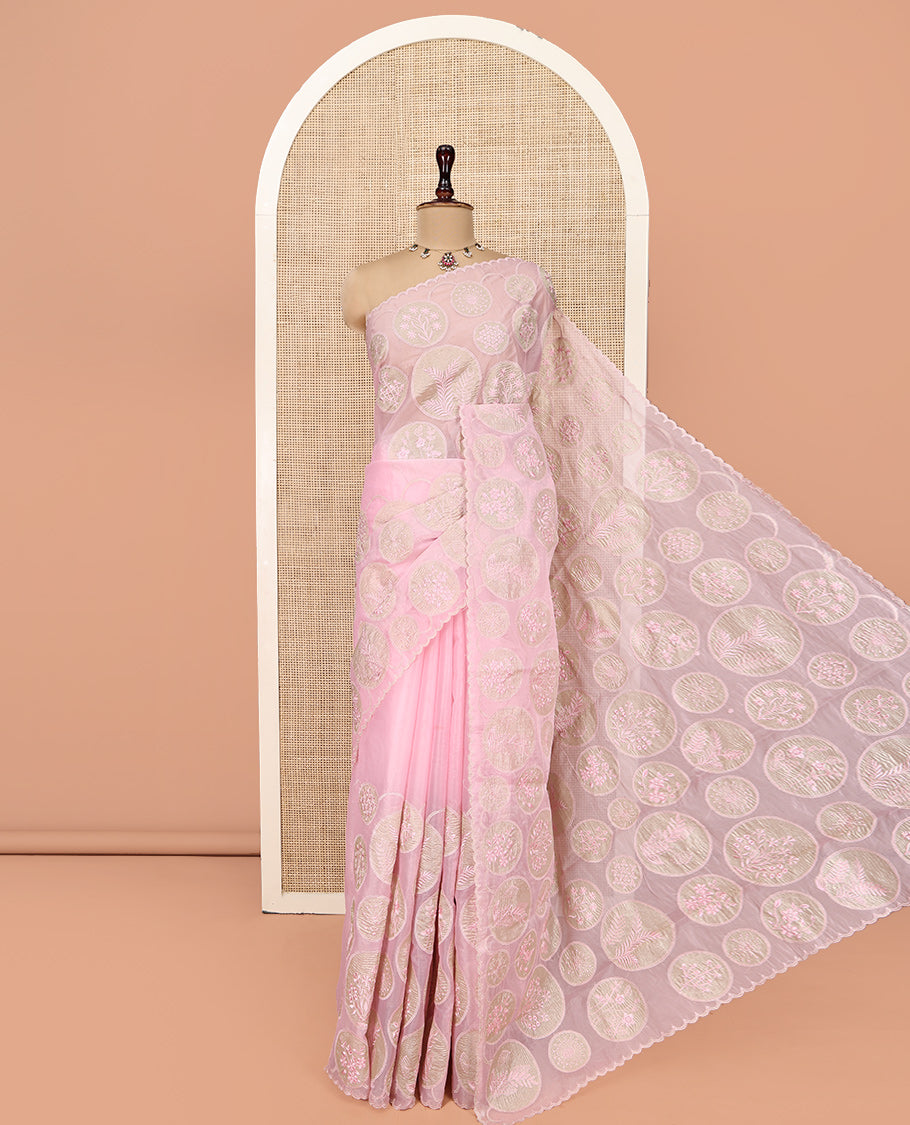 Pearl Pink Organza Saree, Delicately Threaded with Floral Enclosed Circle Motifs Embroidery, Subtle Scallop Border, Delicately Embroidered Pallu, and Paired with a Matching Embroidered Blouse