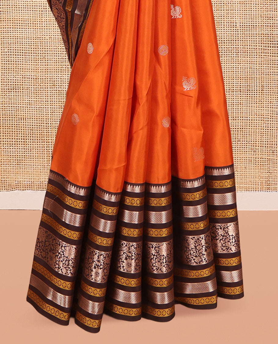 Orange Mayil-Chakram Buttas Vasundhara Lite Silk Mix Saree, Contrast Traditional Zari Border, and a Contrast Blouse