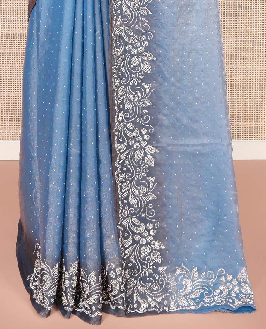 Blue Designer Saree, Charmingly Accented with Stone Struck on Its Body, Complemented by a Contrast Floral Design Stone Work Border, Pallu of Stone Work, and Paired with a Contrast Blouse