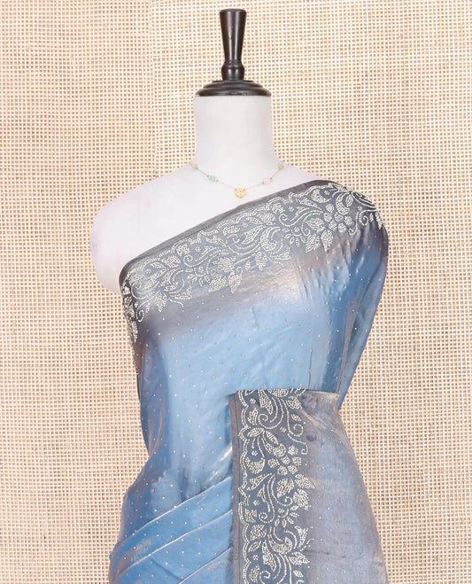 Blue Designer Saree, Charmingly Accented with Stone Struck on Its Body, Complemented by a Contrast Floral Design Stone Work Border, Pallu of Stone Work, and Paired with a Contrast Blouse